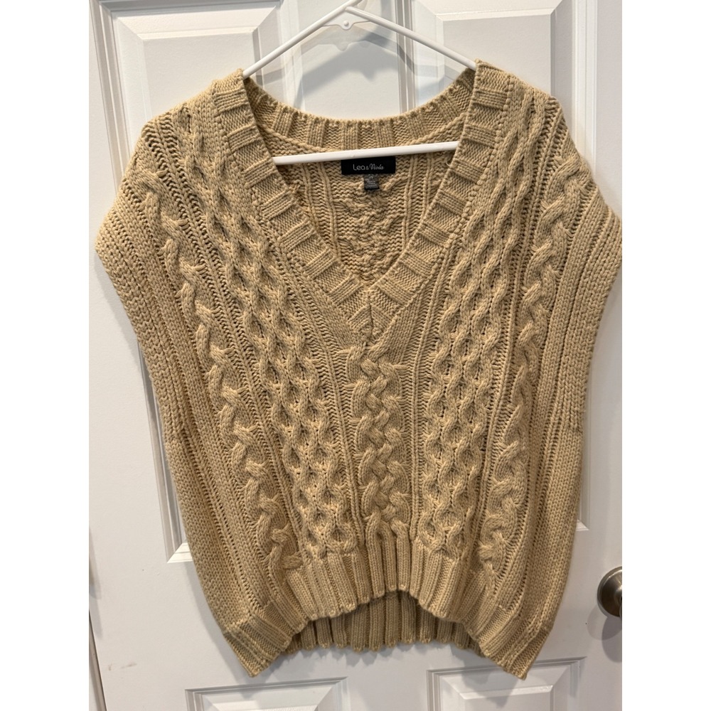 Lea & Viola Cable Knit Sweater Vest Womens XS Tan Beige